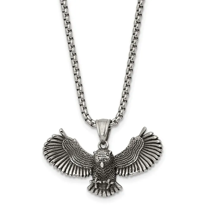 Necklaces TreasureFineJewelers Stainless Steel Antiqued and Polished Flying Owl 24in Necklace Necklaces TreasureFineJewelers Stainless Steel Antiqued and Polished Flying Owl 24in Necklace
