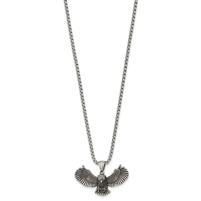Necklaces TreasureFineJewelers Stainless Steel Antiqued and Polished Flying Owl 24in Necklace