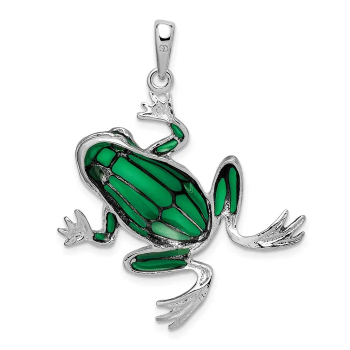 Necklaces TreasureFineJewelers Sterling Silver Polished Enameled Green Frog Pendant