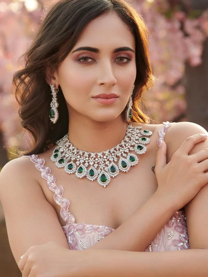 Curio Cottage Necklaces Feathered Green Diamante Cubic Zirconia Necklace Set Curio Cottage Necklaces Feathered Green Diamante Cubic Zirconia Necklace Set