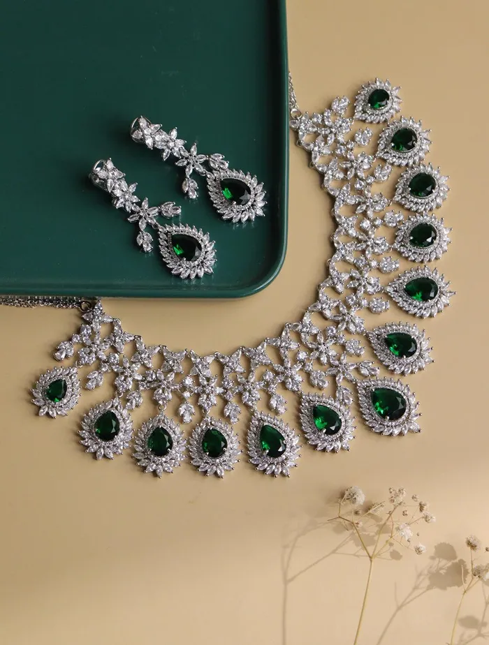 Curio Cottage Necklaces Feathered Green Diamante Cubic Zirconia Necklace Set Curio Cottage Necklaces Feathered Green Diamante Cubic Zirconia Necklace Set