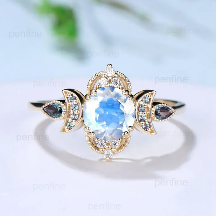 PENFINE Rings Vintage Moonstone Engagement Ring Unique Crescent Moon Color Change Wedding Ring Women Unique Art Deco Anniversary June Birthstone Ring Ring PENFINE Rings Vintage Moonstone Engagement Ring Unique Crescent Moon Color Change Wedding Ring Women Unique Art Deco Anniversary June Birthstone Ring Ring