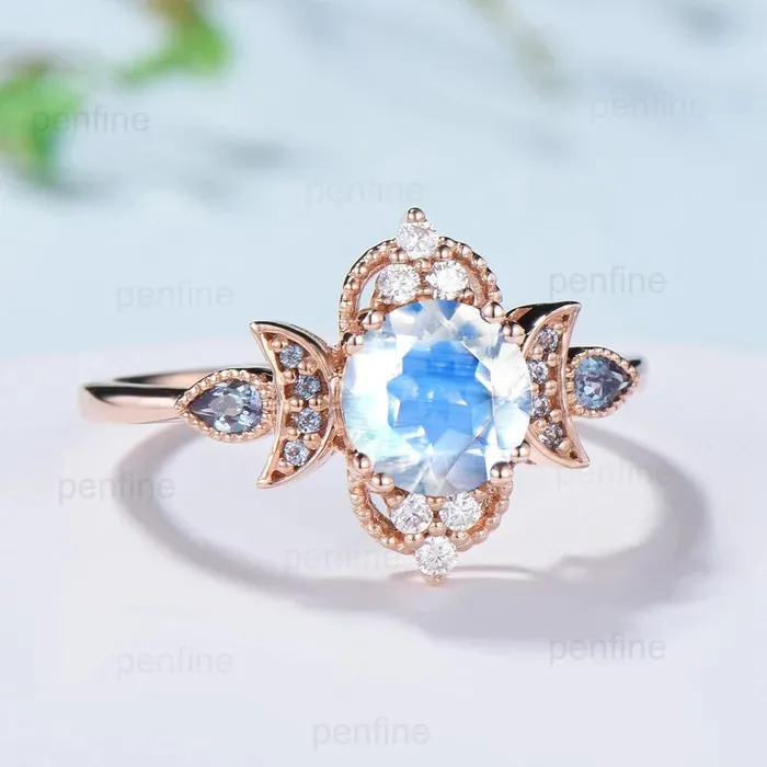 PENFINE Rings Vintage Moonstone Engagement Ring Unique Crescent Moon Color Change Wedding Ring Women Unique Art Deco Anniversary June Birthstone Ring Ring PENFINE Rings Vintage Moonstone Engagement Ring Unique Crescent Moon Color Change Wedding Ring Women Unique Art Deco Anniversary June Birthstone Ring Ring
