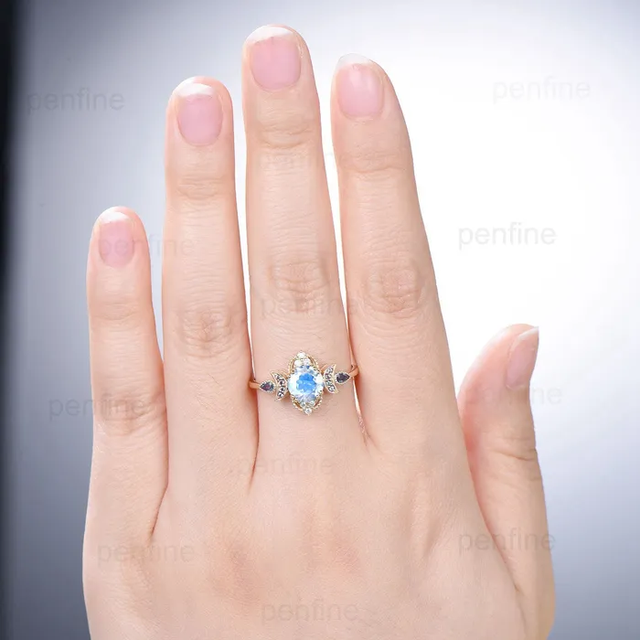 PENFINE Rings Vintage Moonstone Engagement Ring Unique Crescent Moon Color Change Wedding Ring Women Unique Art Deco Anniversary June Birthstone Ring Ring PENFINE Rings Vintage Moonstone Engagement Ring Unique Crescent Moon Color Change Wedding Ring Women Unique Art Deco Anniversary June Birthstone Ring Ring