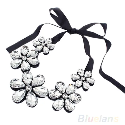 Flower Rhinestone Ribbon Bib Collar Statement Pendant Necklace sparklingselections Necklaces Flower Rhinestone Ribbon Bib Collar Statement Pendant Necklace sparklingselections Necklaces