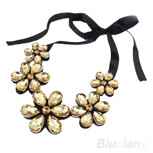 Flower Rhinestone Ribbon Bib Collar Statement Pendant Necklace sparklingselections Necklaces Flower Rhinestone Ribbon Bib Collar Statement Pendant Necklace sparklingselections Necklaces