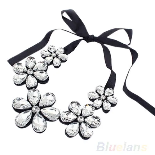 Flower Rhinestone Ribbon Bib Collar Statement Pendant Necklace sparklingselections Necklaces Flower Rhinestone Ribbon Bib Collar Statement Pendant Necklace sparklingselections Necklaces