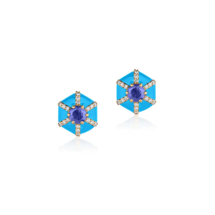 Goshwara Earrings Goshwara Queen Hexagon Enamel Diamond Sapphire Stud Earrings Goshwara Earrings Goshwara Queen Hexagon Enamel Diamond Sapphire Stud Earrings