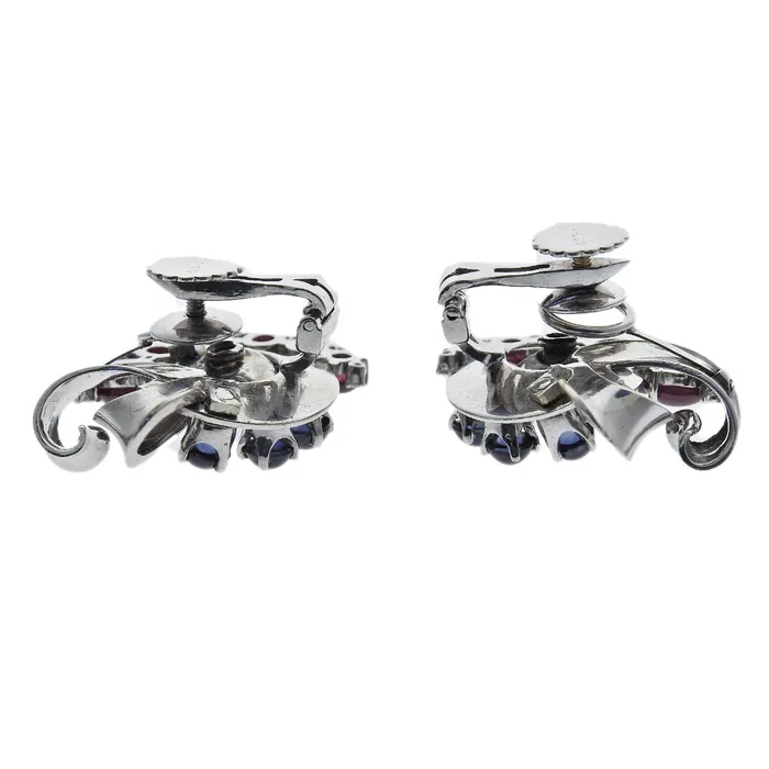 Mauboussin Earrings Trabert Hoeffer Mauboussin Retro Gold Ruby Diamond Sapphire Earrings
