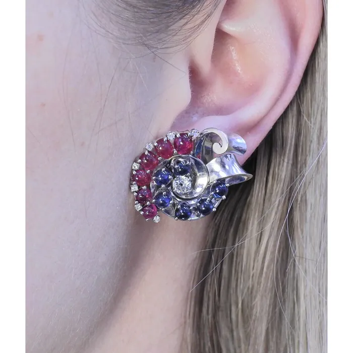 Mauboussin Earrings Trabert Hoeffer Mauboussin Retro Gold Ruby Diamond Sapphire Earrings