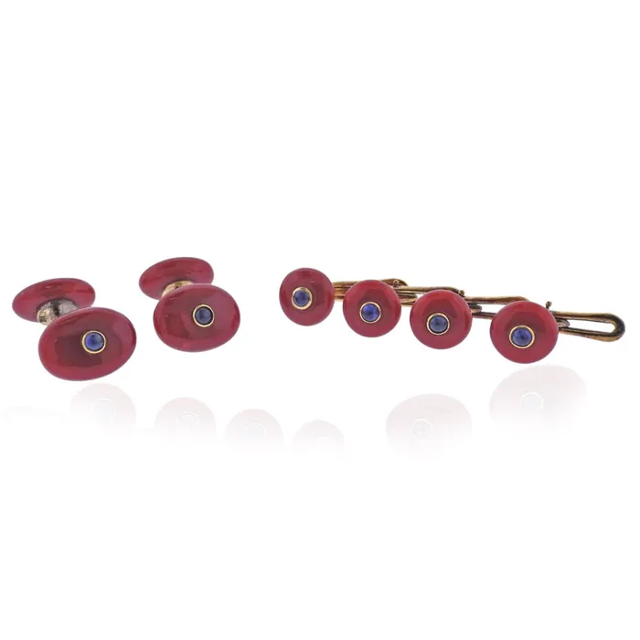 Not Signed PreStyled Sets Coral Sapphire Gold Cufflinks Studs Set