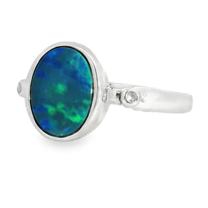 Australian Opal Cutters Australian Doublet Opal Ring Set in Sterling Silver Rings