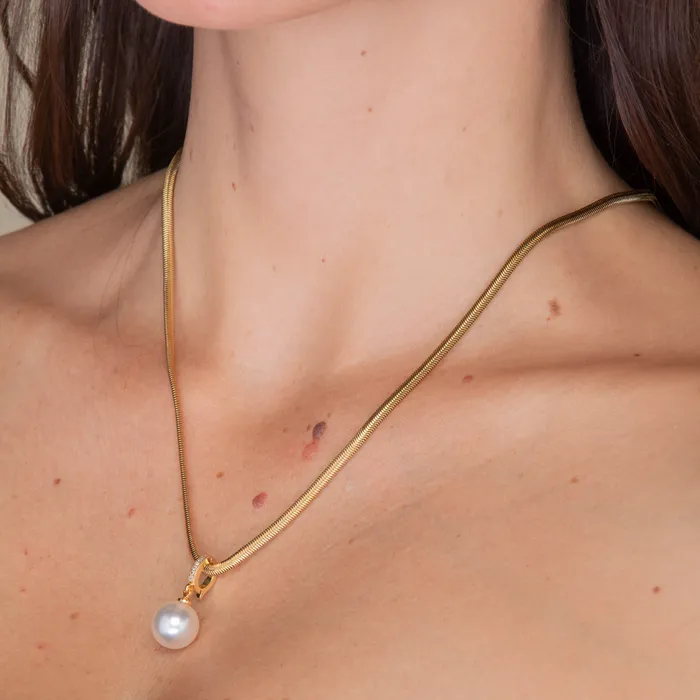 Camile Stone Herringbone Pearl Drop Chain Necklace Necklaces