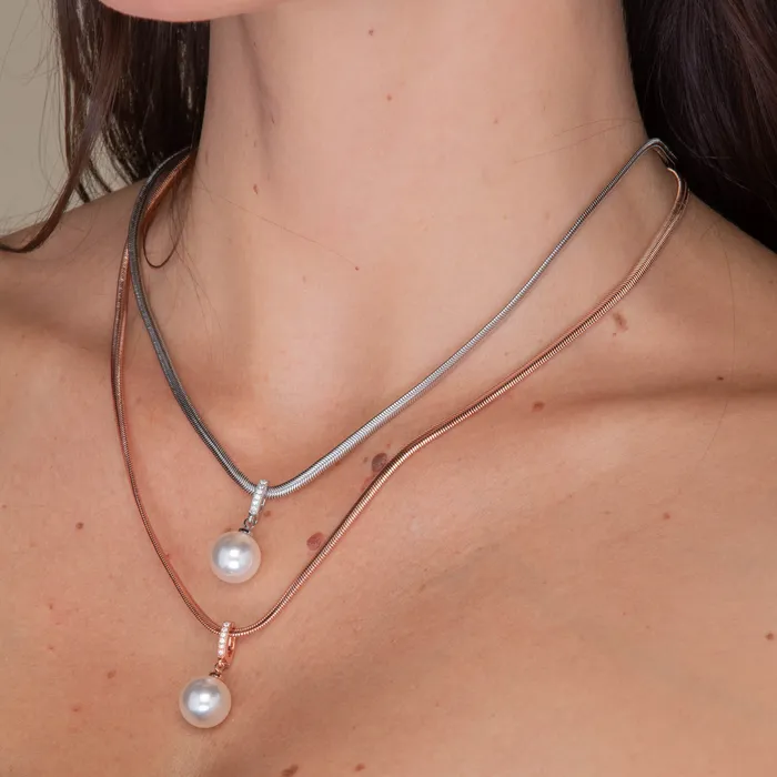 Camile Stone Herringbone Pearl Drop Chain Necklace Necklaces