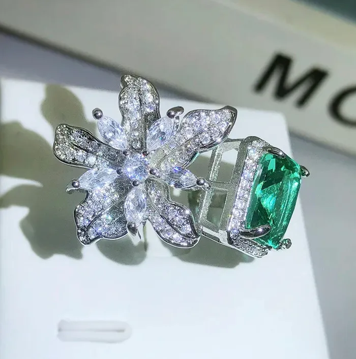 Minx London Rings Green Diamond Ring Womens Fashion Ring Big Green Diamond Ring Green Gemstone Ring Womens Statement Ring Diamond Flower Ring