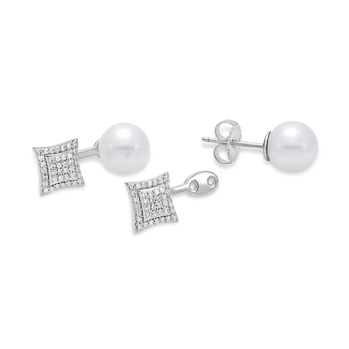 859mm Cultured Pearl Studs on 18k White Gold with Cushion Shaped Drop of 24ctw Pave Set Diamonds Mastoloni Earrings 859mm Cultured Pearl Studs on 18k White Gold with Cushion Shaped Drop of 24ctw Pave Set Diamonds Mastoloni Earrings