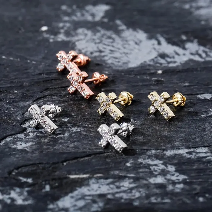 Earrings The Icetruck Mini Iced Cross Earrings in 14k White Vermeil Earrings The Icetruck Mini Iced Cross Earrings in 14k White Vermeil