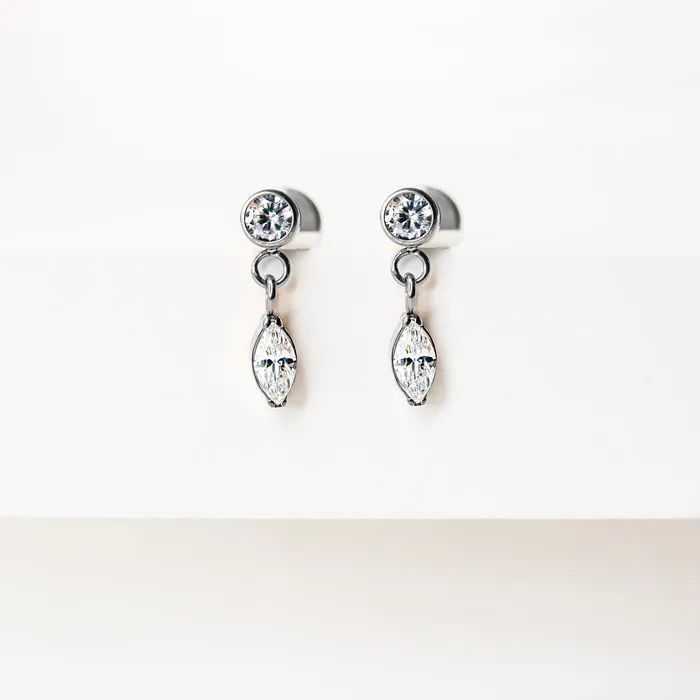 Grayling Earrings Double Drop Bezel Set Crystal Titanium Flat Back Sleeper Earrings