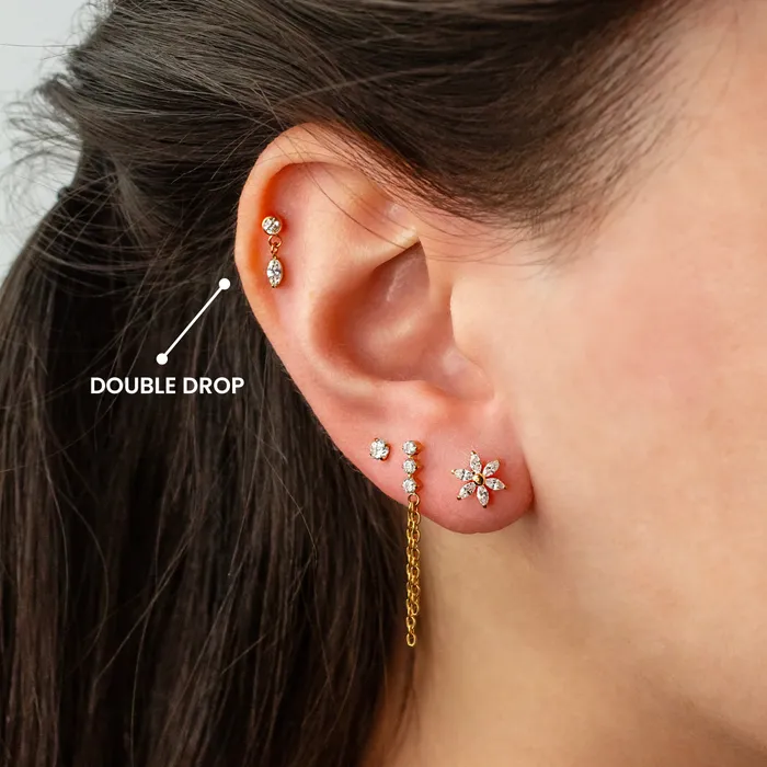 Grayling Earrings Double Drop Bezel Set Crystal Titanium Flat Back Sleeper Earrings