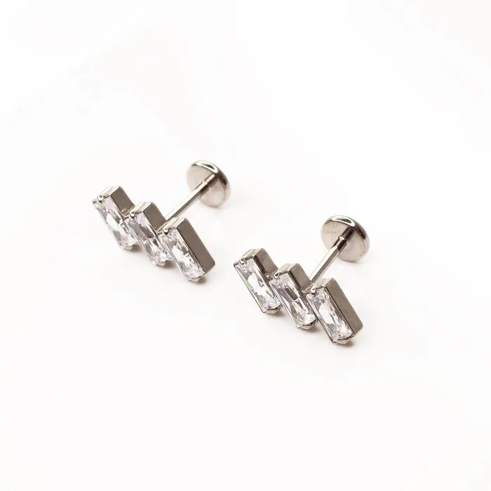 Grayling Earrings Slanted Baguette Trio Titanium Flat Back Sleeper Earrings