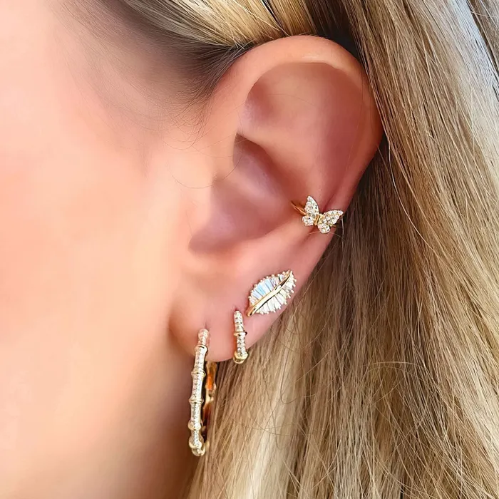 Izakov Diamonds Fine Jewelry Earrings 18K Gold Tropical Leaf Baguette Diamond Earrings