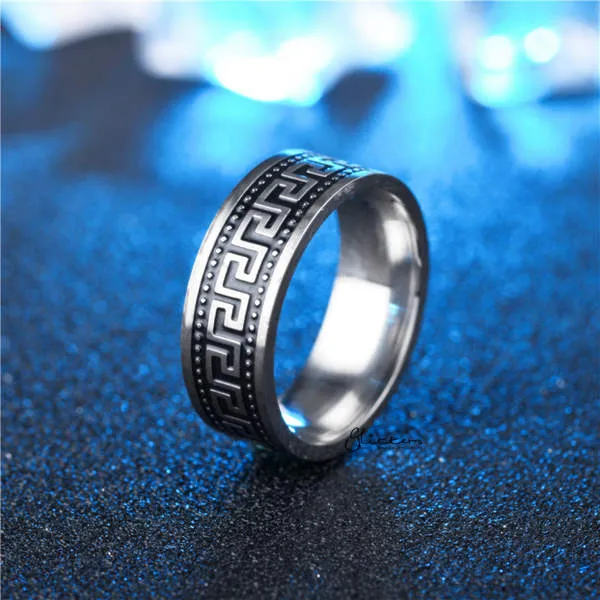 Rings Stainless Steel Greek Key Band Ring 8mm Wide Glitters