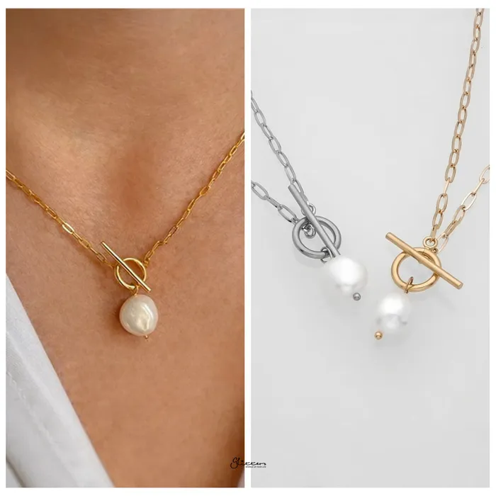 Stainless Steel OT Buckle Chain with Baroque Pearl Charm Silver Glitters Bracelets
