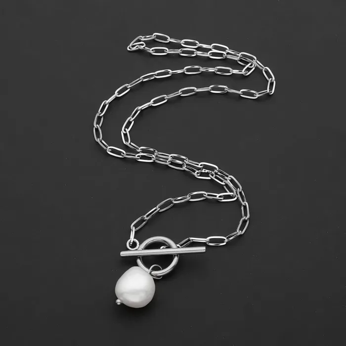 Stainless Steel OT Buckle Chain with Baroque Pearl Charm Silver Glitters Bracelets