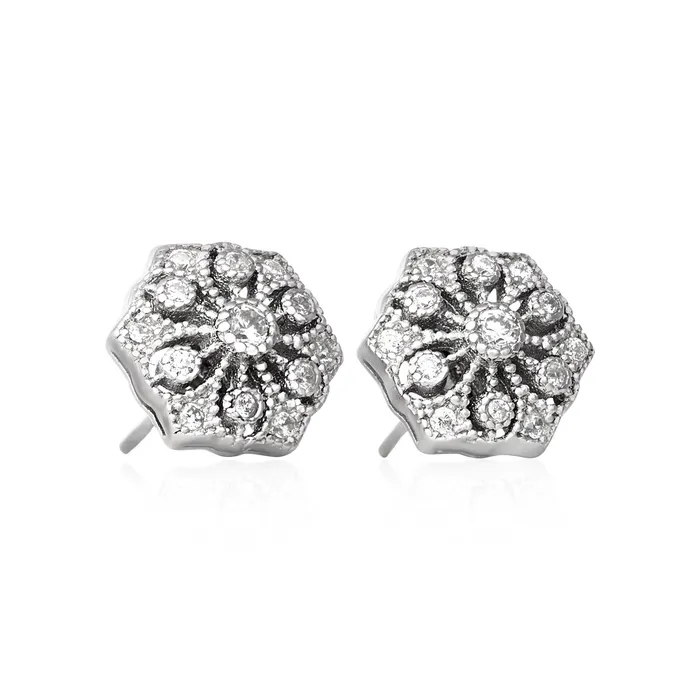 Teeda Earrings EZ3007 Vintage Style Hexagon CZ Post Earrings