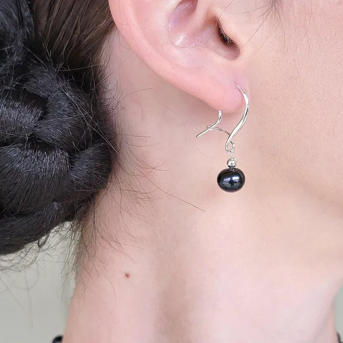 Uniquelan Jewelry Earrings Genuine Freshwater Black pearl drop earrings